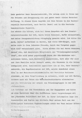 13. Juni 1983: Brief von Roland Jahn an den UNO-Generalsekretär Javier Perez de Cuellar, den er darum bittet, sich bei Erich Honecker für seine Rückkehr in die DDR einzusetzen.