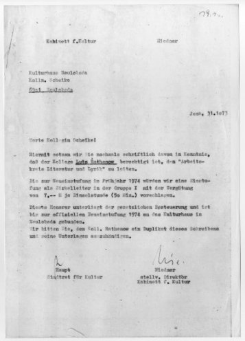 Genehmigt: Schreiben vom Kabinett für Kultur Jena an das Kulturhaus Neulobeda, in dem Lutz Rathenow als Leiter des Arbeitskreises Literatur und Lyrik bestätigt wird (31. Oktober 1973).