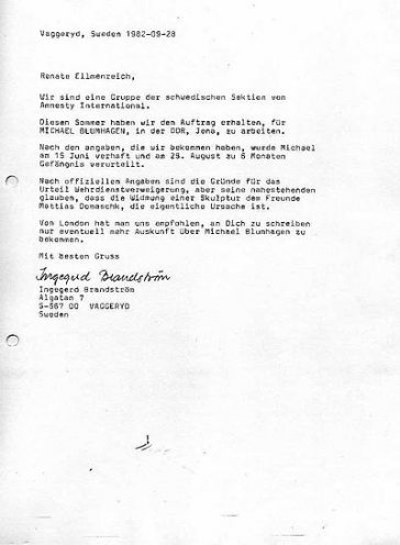 Ein Brief aus Schweden: Ingegerd Brandström schreibt Renate Ellmenreich (28. September 1982). Amnesty International unterstützt damit Michael Blumhagen.