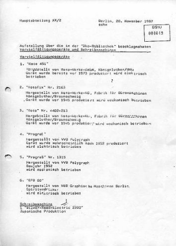 Liste der von der Staatssicherheit beschlagnahmten Gegenstände aus der Umwelt-Bibliothek.
