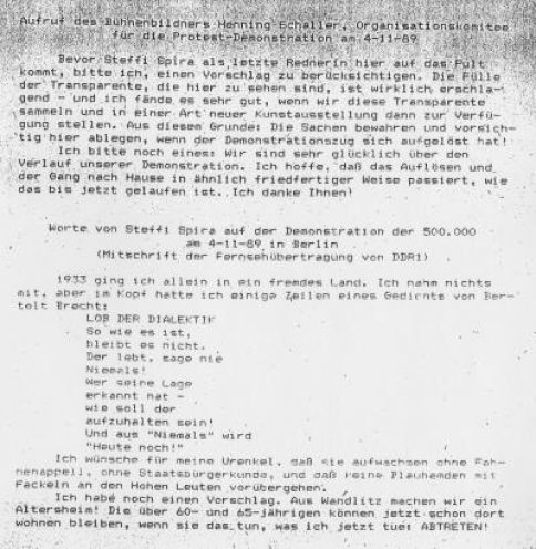 Beiträge von der Schauspielerin Steffie Spira und dem Bühnenbildner Henning Schaller vom Organisationskomitee für die Protestdemonstration am 4. November 1989 in Berlin.