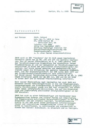 Kurzauskunft des MfS zu Roland Jahn vom 20. Januar 1988. Quelle: Bundesarchiv / Stasi-Unterlagen-Archiv, Seite 1 von 2