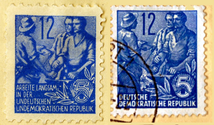 Gefälschte Briefmarken mit propagandistischen Aufdrucken, die die KgU zu Beginn der 1950er Jahre in der DDR verteilt. Quelle: BStU, MfS, AU 164/55, Bd.20