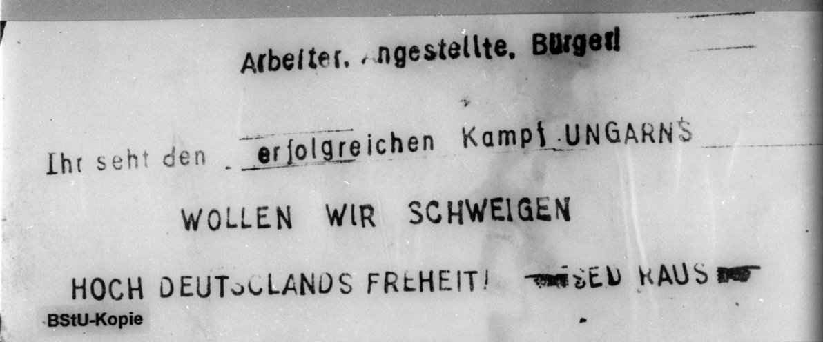 Mit einem handelsüblichen Kinderstempelkasten fertigt der Eisenberger Kreis im November 1956 dieses Flugblatt zum Aufstand in Ungarn an. Quelle: BStU, MfS, Ast Gera AU 33/58