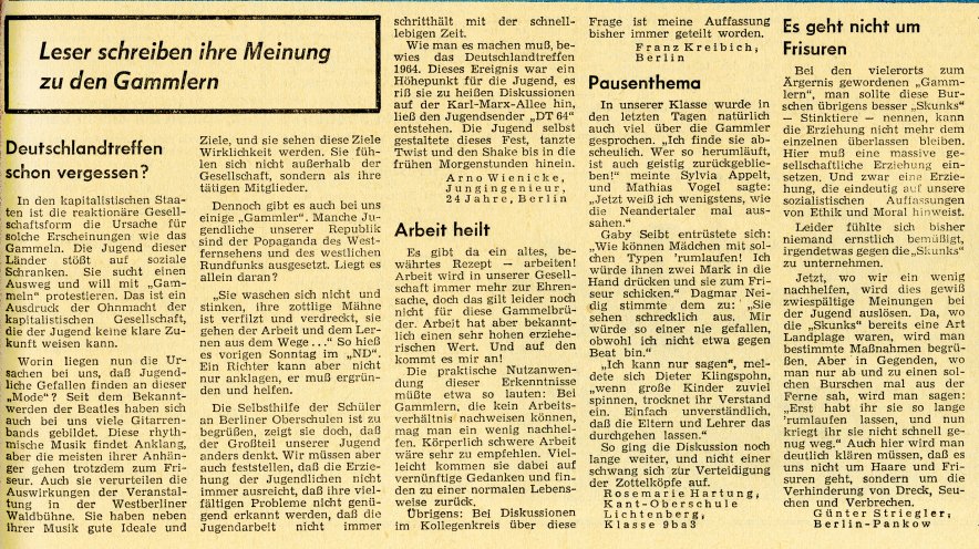 Die Spießer regen sich auf: Leserbriefe zum Artikel „Die Amateur-Gammler“ im Neuen Deutschland. Quelle: Neues Deutschland, 22. Oktober 1965, S. 4