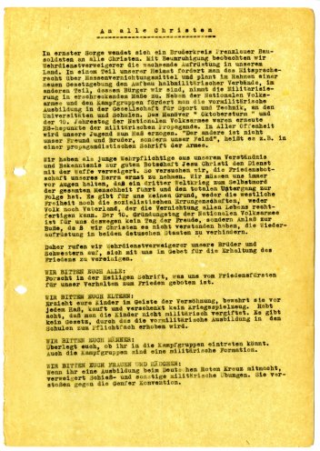 Aufruf „An alle Christen“ des Bruderkreises Prenzlauer Bausoldaten vom 2. März 1966. Quelle: Robert-Havemann-Gesellschaft, Seite 1 von 2