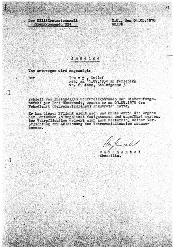 Anzeige gegen Detlef Pump vom 4. Mai 1978 und die Mitteilung seiner Festnahme am Tag zuvor. Quelle: Robert-Havemann-Gesellschaft