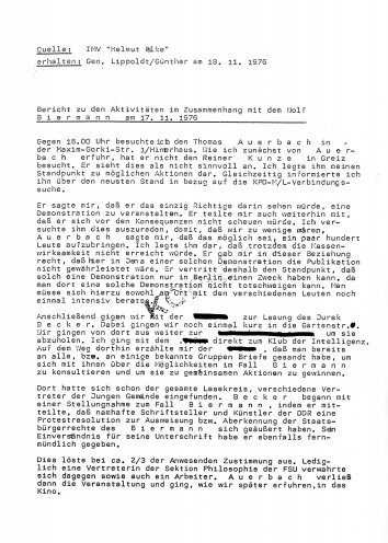 18. November 1976. Bericht des Stasi-Spitzels mit dem Decknamen „Helmut Falke“ zu den Aktivitäten am 17. November 1976 anlässlich der Biermann-Ausbürgerung. Quelle: BStU, MfS, Ast. Gera 740/77, Bd. 3, Seite 1 von 3