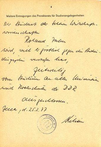 „... weil er gröblich gegen die Studiendisziplin verstoßen hat“: der Eintrag im Studienbuch von Roland Jahn, mit dem seine Exmatrikulation 1977 begründet wird. Quelle: Robert-Havemann-Gesellschaft / RHG_Fo_HAB_14895