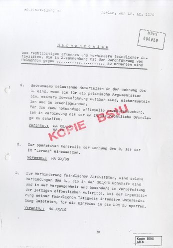 Die Staatssicherheit stellt sich auf "feindliche Aktionen" nach der Ausbürgerung Wolf Biermanns ein. Quelle: BStU, MfS, HA XX/9 896, Bl. 20, Seite 1 von 3