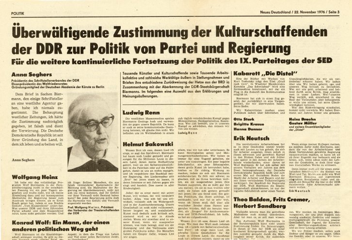Kulturschaffende bekennen Farbe: Die Zustimmung linientreuer DDR-Künstler zur Ausbürgerung Wolf Biermanns wird im Neuen Deutschland abgedruckt. Quelle: Neues Deutschland, 22. November 1976, S. 3