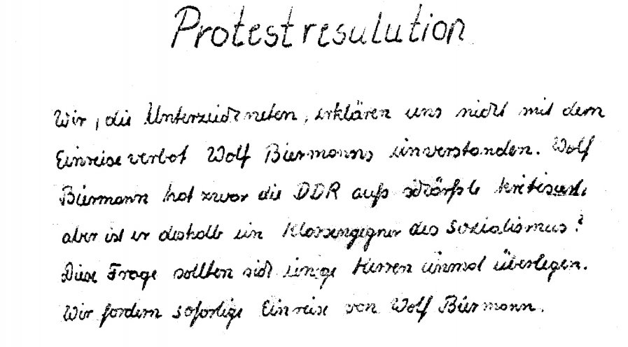 Die Protestresolution gegen die Ausbürgerung Wolf Biermanns, die Dietmar Webel am 20. November 1976 schreibt. Quelle: Bundesarchiv / Stasi-Unterlagen-Archiv