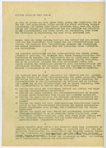 25. Januar 1982: der Berliner Appell „Frieden schaffen ohne Waffen“, verfasst von Robert Havemann und Rainer Eppelmann. Den Verfassern des Appells geht es um eine dauerhafte Grundlage einer Friedensordnung und nicht um einen Frieden als Abwesenheit...