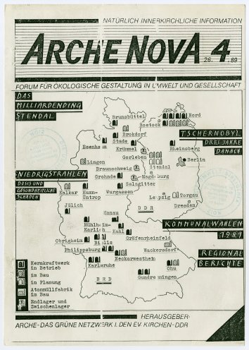 Arche Nova – Forum für ökologische Gestaltung in Umwelt und Gesellschaft, herausgegeben vom Grün-ökologischen Netzwerk Arche (26. April 1989). Diese Ausgabe zum Thema Kernenergie ist eines von insgesamt fünf Heften, die die Arche von 1988 bis 1990...