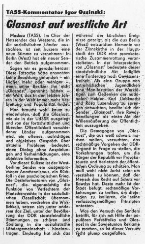 „Ein Lügner mehr oder weniger“: Kommentar von Igor Ossinski im Neuen Deutschland (12. Februar 1988) über eine aktuelle Radio-Glasnost-Sendung zu den Ereignissen um die Luxemburg-Liebknecht-Demonstration am 15. Januar in Ost-Berlin. Quelle: Neues...