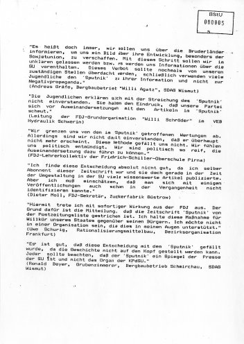 Jede Menge Arbeit nach dem Sputnik-Verbot: Die Stasi sammelt alle Informationen über Proteste von Jugendlichen gegen das Verbot der sowjetischen Zeitschrift. Quelle: Bundesarchiv / Stasi-Unterlagen-Archiv, Seite 5 von 6