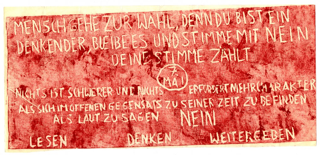 Ein Flugblatt, das dazu aufruft, bei der Kommunalwahl am 7. Mai 1989 gegen die Kandidaten der Nationalen Front zu stimmen. Quelle: Robert-Havemann-Gesellschaft / RHG_Fak_0549