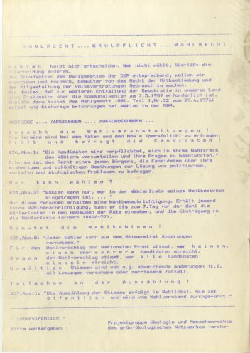 Wertvolle Hinweise zur Wahl: Das Grün-ökologische Netzwerk Arche gibt Unterricht in Staatsbürgerkunde (Ende der 1980er Jahre). Quelle: Robert-Havemann-Gesellschaft / RHG_Fak_0901