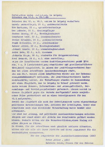 Information zu den Ereignissen in Leipzig zwischen dem 12. und 20. Januar 1989. Quelle: Robert-Havemann-Gesellschaft / RHG_Fak_0120