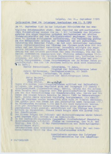 Die Koordinierungsgruppe der Leipziger Fürbittandachten für die Inhaftierten informiert über die Ereignisse rund ums Friedensgebet vom 11. September 1989. Quelle: Robert-Havemann-Gesellschaft / RHG_Fak_0121