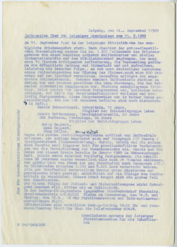 Die Koordinierungsgruppe der Leipziger Fürbittandachten für die Inhaftierten informiert über die Ereignisse rund ums Friedensgebet vom 11. September 1989. Quelle: Robert-Havemann-Gesellschaft