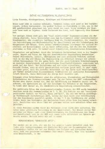 Gründungsaufruf der Bürgerbewegung Demokratie Jetzt (12. September 1989). Quelle: Robert-Havemann-Gesellschaft, Seite 1 von 2, RHG_Fak_0943