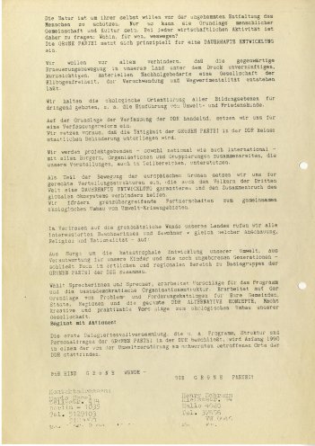 Erklärung der Gründungsinitiative für eine Grüne Partei in der DDR (5. November 1989). Quelle: Robert-Havemann-Gesellschaft, Seite 2 von 2