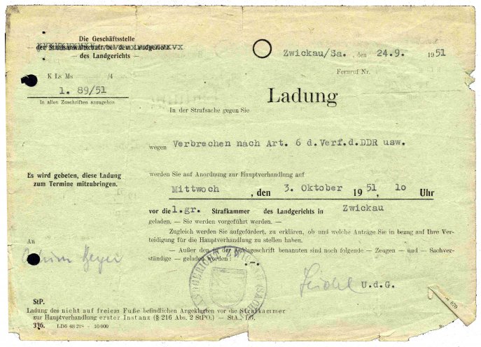 Vorladung für Achim Beyer zur Hauptverhandlung der 1. Großen Strafkammer am Landgericht Zwickau (3. Oktober 1951). Quelle: Privat-Archiv Achim Beyer