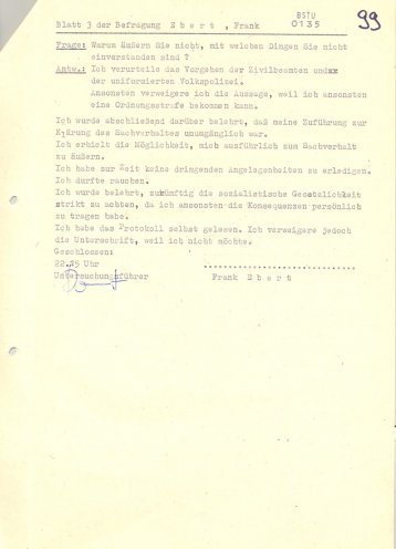 Nach seiner Verhaftung wegen der Teilnahme an einer Demonstration gegen die gefälschten Kommunalwahlen wird Frank Ebert durch die Staatssicherheit verhört. Quelle: BStU, MfS, Außenstelle Berlin KD Prenzlauer Berg 7271, Bl. 136, Seite 3 von 3