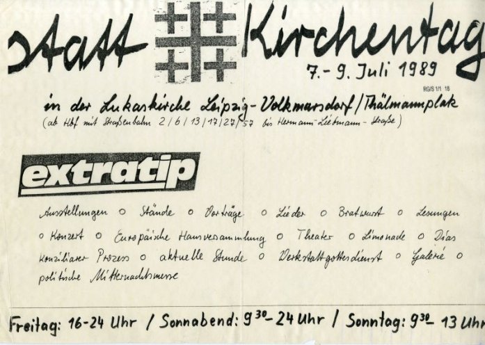 Der Arbeitskreisgerechtigkeit (AKG) und die Arbeitsgruppe Menschenrechte (AGM) organisieren den Statt-Kirchentag. Dieser findet vom 7. Bis 9. September 1989 in der Leipziger Lukaskirche statt und bietet den oppositionellen Gruppen eine unabhängige Alternative...