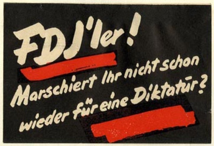Dieser Handzettel, dessen Herkunft unbekannt ist, weist auf die Vereinnahmung der FDJ durch die SED hin. Schon kurze Zeit nach ihrer Gründung wird die FDJ zum verlängerten Arm der Partei.