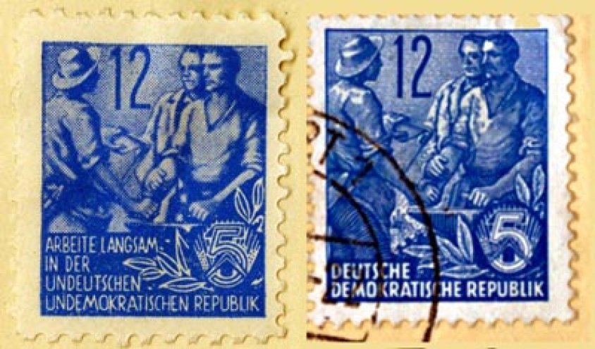 Gefälschte Briefmarken mit propagandistischen Aufdrucken, die die KgU zu Beginn der 1950er Jahre in der DDR verteilt.