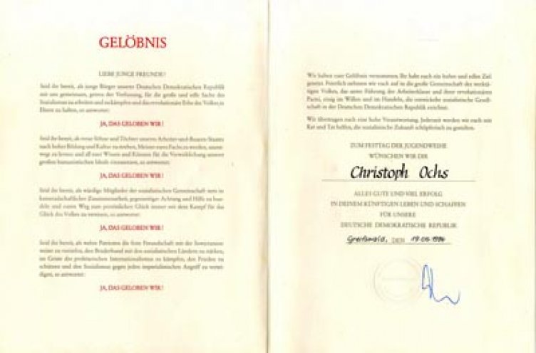 Urkunde zur Jugendweihe mit Jugendweihegelöbnis. Seite 2 von 2,