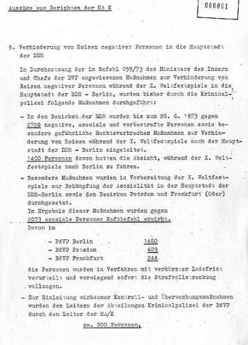 „Unerwünschte Personen“ sollen nicht nach Berlin reisen: Auszug aus einem Bericht der Hauptabteilung Kriminalpolizei über die Vorkehrungen, die im Vorfeld der X. Weltfestspiele getroffen werden.