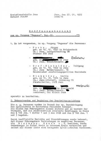 Eröffnungsbericht der Kreisdienststelle Jena zum Operativen Vorgang „Pegasus“, in dem das MfS die Akteure des Literaturzirkels (Jürgen Fuchs, Lutz Rathenow, Wolfgang und Martin Hinkeldey und Bernd Markowsky) bearbeitet (27. Januar 1975). Der SED...
