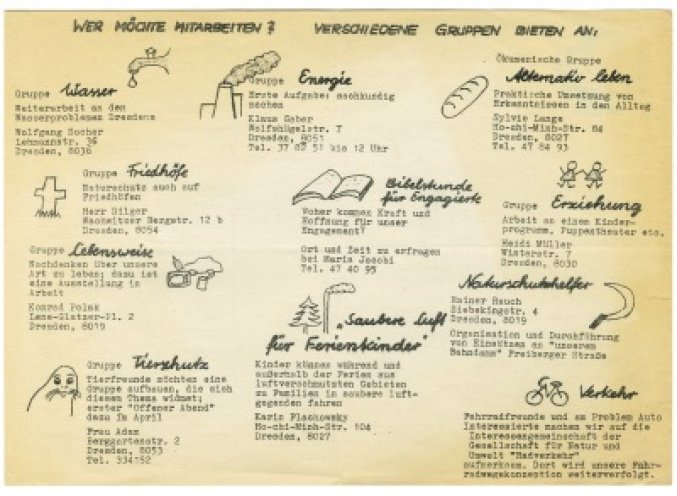 Programm Januar bis Juni 1988 des Ökologischen Arbeitskreises der Dresdner Kirchenbezirke. Der 1983 entstandene Arbeitskreis hat zahlreiche Untergruppen und koordiniert die Arbeit über Dresden hinaus. Er organisiert seit 1986 jährlich eine „Woche...