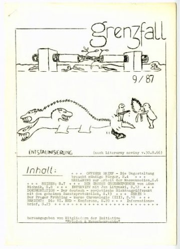 grenzfall 9/87: Zwischen 1986 und 1989 gibt die Initiative Frieden und Menschenrechte insgesamt 17 Ausgaben des grenzfalls heraus (Auflage bis zu 800 Exemplare). Die Zeitschrift ist eine der wenigen, die vollkommen unabhängig von der Kirche erscheinen....