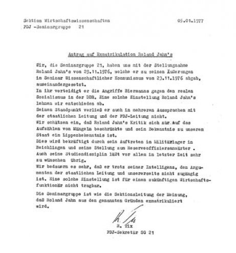 Antrag auf Exmatrikulation Roland Jahns durch seine Seminargruppe (1977).