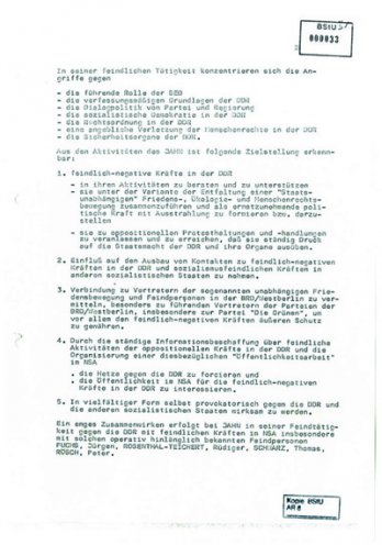 Kurzauskunft des MfS zu Roland Jahn vom 20. Januar 1988.