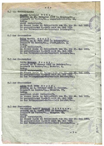 Die Anklageschrift gegen die Werdauer Oberschüler. Kurz vor der Verhandlung erhalten die angeklagten Oberschüler Einsicht in die Anklageschrift. Ihnen werden jedoch Papier, Bleistift und Gesetzbücher zur Vorbereitung auf den Prozess verweigert. Als...