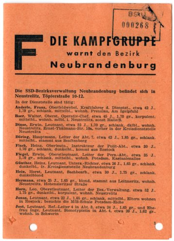 Die Kampfgruppe gegen Unmenschlichkeit registriert Namen von Spitzeln und Mitarbeitern des Ministeriums für Staatssicherheit. Diese Namenslisten werden als Flugblätter illegal in der DDR verteilt und teilweise auch über den RIAS öffentlich bekannt...
