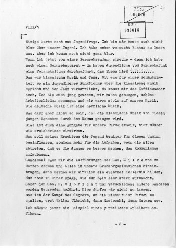 Protokoll der Parteiaktivtagung des MfS vom 30. November 1956. Gustav Szinda, Leiter der Hauptabteilung VII des MfS, spricht über die Jugend. Quelle: Robert-Havemann-Gesellschaft (BStU-Kopie), Seite 1 von 2