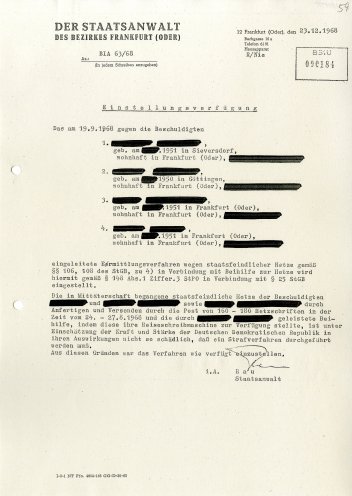 Am 23. Dezember 1968 wird das Verfahren gegen die drei jungen Mädchen völlig überraschend eingestellt. Über die Gründe können Sie nur spekulieren. Quelle: BStU, MfS, BV Frankfurt (Oder), AU 52/69 Bd. 6