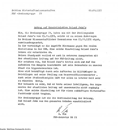 Alleingelassen: So beantragt die Seminargruppe 1977 die Exmatrikulation ihres Kommilitonen Roland Jahn. Quelle: Robert-Havemann-Gesellschaft (BStU-Kopie)