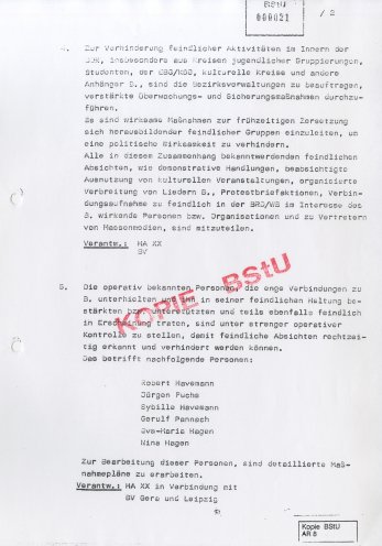 Die Staatssicherheit stellt sich auf "feindliche Aktionen" nach der Ausbürgerung Wolf Biermanns ein. Quelle: BStU, MfS, HA XX/9 896, Bl. 21, Seite 2 von 3