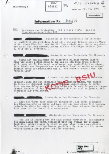 Nervöse Lauschaktion: Bericht der Staatssicherheit vom 30. November 1976 über Meinungen zur Biermann-Ausbürgerung an der Hochschule für Ökonomie in Berlin. Quelle: BStU, MfS, HA XX/AKG Nr. 864