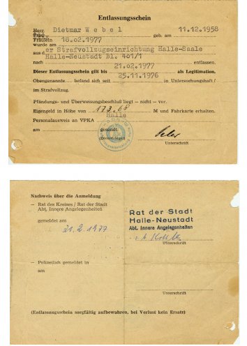 Dietmar Webels Haftentlassungsschein vom 18. Februar 1977. Quelle: Robert-Havemann-Gesellschaft