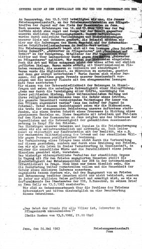 24. Mai 1983: Offener Brief an den Zentralrat der FDJ und den Friedensrat der DDR. Die Friedensgemeinschaft Jena protestiert gegen die gewaltsamen Übergriffe beim Pfingsttreffen der Jugend auf dem Platz der Kosmonauten vom 19. Mai 1983. Quelle: Robert-Havemann-Gesellschaft...