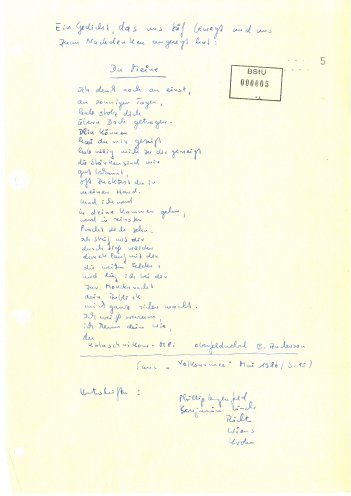 Gedicht eines Soldaten der Nationalen Volksarmee, welches Schülerinnen und Schülern der Karl-von-Ossietzkiy Oberschule an der "Speakers` Corner" veröffentlichen. Quelle: BStU, MfS, BV Berlin, AOP 1224/91, Bl. 5