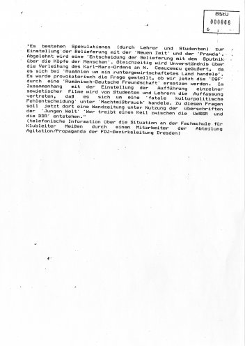 Jede Menge Arbeit nach dem Sputnik-Verbot: Die Stasi sammelt alle Informationen über Proteste von Jugendlichen gegen das Verbot der sowjetischen Zeitschrift. Quelle: Bundesarchiv / Stasi-Unterlagen-Archiv, Seite 6 von 6